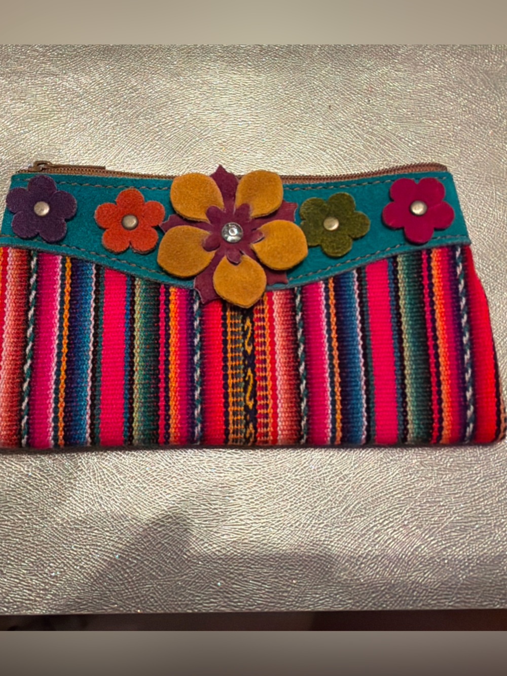 New Suede floral embroidered multi Flora wallet, wristlet, makeup bag.